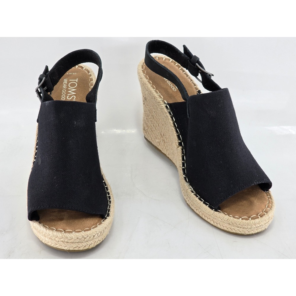 TOMS Monica Espadrille Wedge Sandals Women Size 9 Black Canvas Ankle Strap - VG